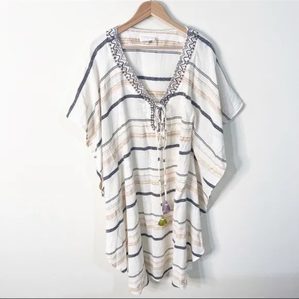 Anthropologie Duet Beige Striped Tasseled Mariska Caftan Coverup Dress One Size